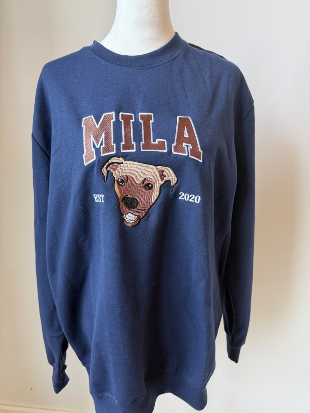 Navy Crewneck Sweatershirt with Dog Embroidery